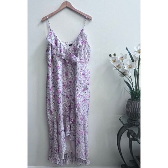 Express Velvet Pink Floral Print Ruffle Faux Wrap High Low Maxi Dress Women's XL - Picture 1 of 11